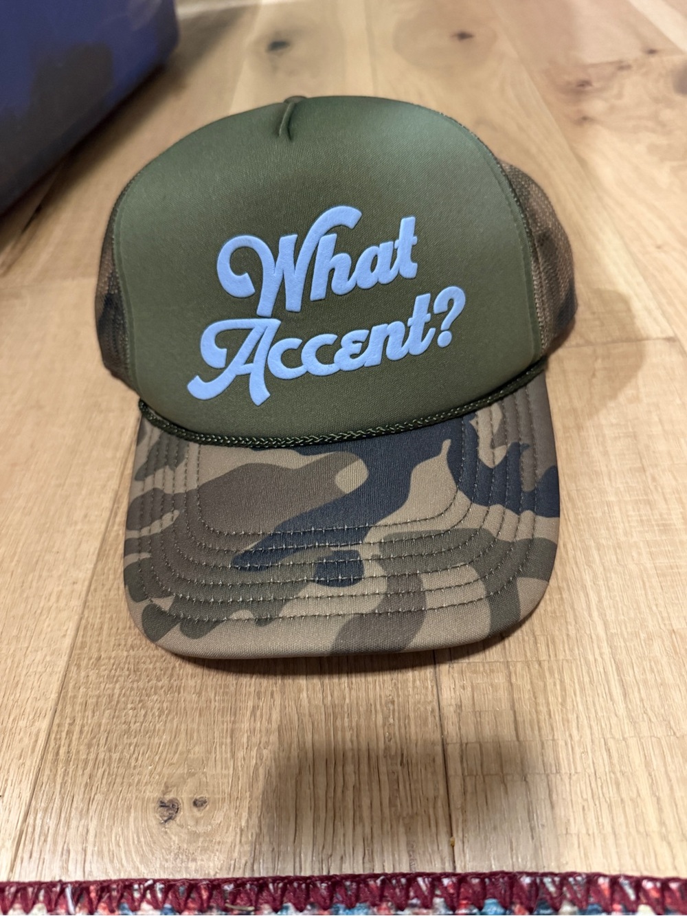 Jadelynn Brooke Olive Green Camo Trucker Hat with Light Blue Script